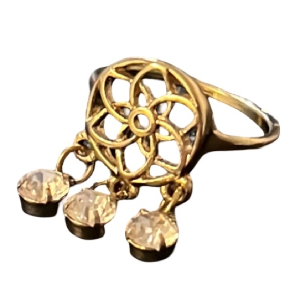 Whimsical Gold Plated Dream Catcher Medallion Crystal Rhinestone Dangle Ring - Picture 2 of 11